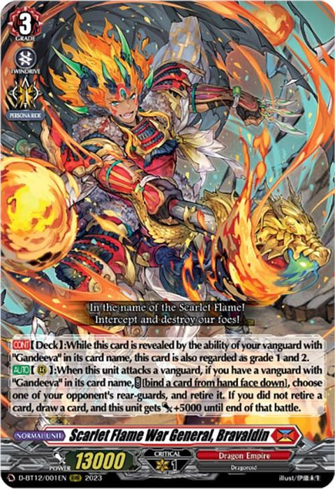 A trading card image featuring "Scarlet Flame War General, Bravaldin (D-BT12/001EN) [Evenfall Onslaught]" from Bushiroad. The character, part of the Evenfall Onslaught series, is a warrior wielding a flaming weapon and clad in ornate armor with fiery accents. This Triple Rare card highlights its fearsome fiery attacks and unique abilities.