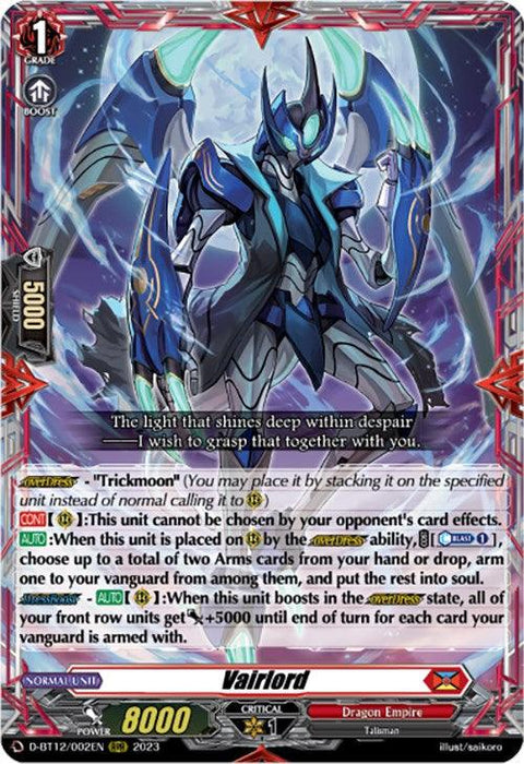 A "Dragon Empire" card from the game "Cardfight!! Vanguard," this piece showcases an armored blue dragon humanoid with sharp edges and blade-like wings. The card, named "Vairlord (D-BT12/002EN) [Evenfall Onslaught]," details various stats and abilities, including power, critical value, and special effects labeled "Trickmoon" from the Evenfall Onslaught series by Bushiroad.