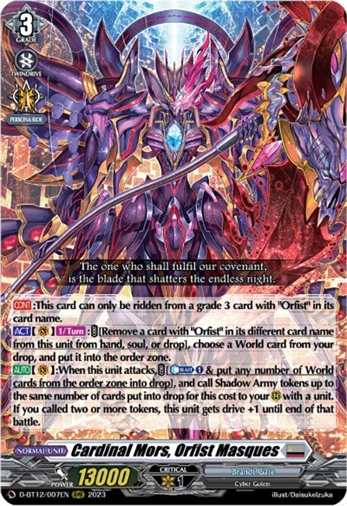 A trading card featuring Cardinal Mors, Orfist Masques (D-BT12/007EN) [Evenfall Onslaught]. The Triple Rare card from Bushiroad has intricate and colorful art depicting a powerful armored Cyber Golem wielding a large red sword. It is a level 3 unit with 13000 power and 1 critical value, including detailed abilities and effects in the text.