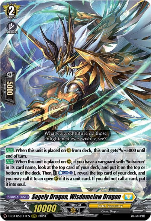 A trading card depicting a majestic dragon armored in gold and blue with luminous wings. The card, titled "Sagely Dragon, Wisdomclaw Dragon (D-BT12/011EN) [Evenfall Onslaught]," is a Triple Rare from the Keter Sanctuary series by Bushiroad, displaying various stats and abilities. The dragon’s eyes glow with wisdom, and dynamic design elements convey its power.