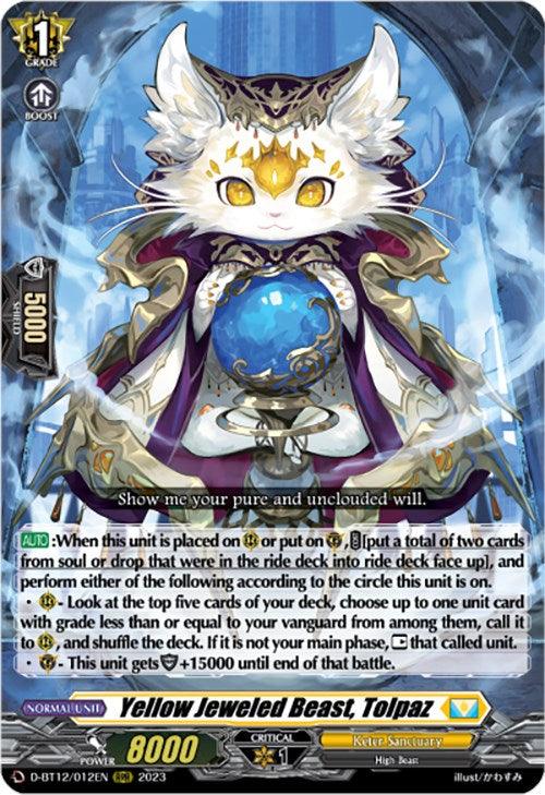 A trading card features an illustrated mythical creature resembling a white feline with glowing blue eyes, holding a blue orb. It wears royal attire with a red cape and ornate accessories. Titled "Yellow Jeweled Beast, Tolpaz (D-BT12/012EN) [Evenfall Onslaught]," this Triple Rare card from Bushiroad contains detailed game stats and abilities from the Keter Sanctuary set.