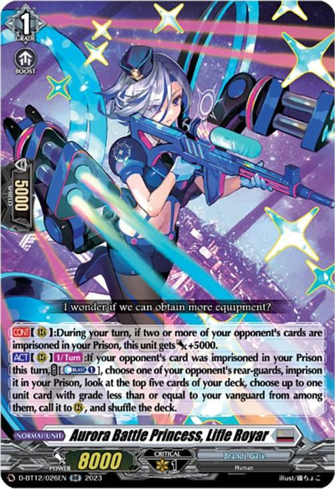 A Double Rare trading card featuring "Aurora Battle Princess, Lifle Royar (D-BT12/026EN) [Evenfall Onslaught]." The character is a young woman with short light blue hair, wearing a futuristic navy blue uniform. She holds a large sci-fi weapon. The card from the Brandt Gate set by Bushiroad showcases stats and abilities against colorful Evenfall Onslaught art elements in the background.