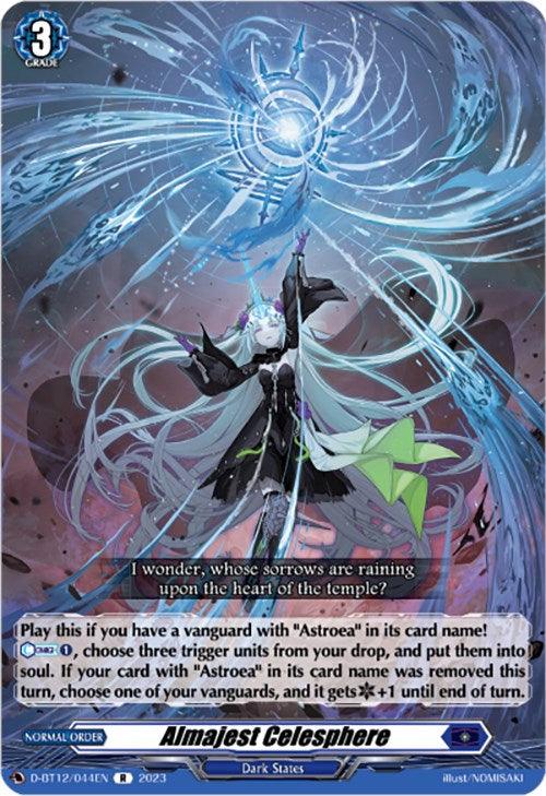 A rare trading card featuring a mystical character with long white hair and a flowing blue-green robe. The character raises their arms towards an intricate, glowing, circular design in the sky. Text at the top shows a cost of 3 and the name "Almajest Celesphere (D-BT12/044EN) [Evenfall Onslaught]." Additional card details are displayed below. This collectible is from Bushiroad.