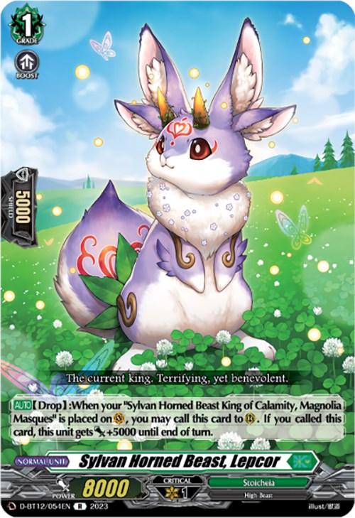 A rare card featuring the **Sylvan Horned Beast, Lepcor (D-BT12/054EN) [Evenfall Onslaught]**. This creature resembles a mix of rabbit and deer with large purple ears, green markings, and a fluffy tail. The lush background teems with floating petals, while its attributes and stats are clearly visible in the Stoicheia theme from **Bushiroad**.