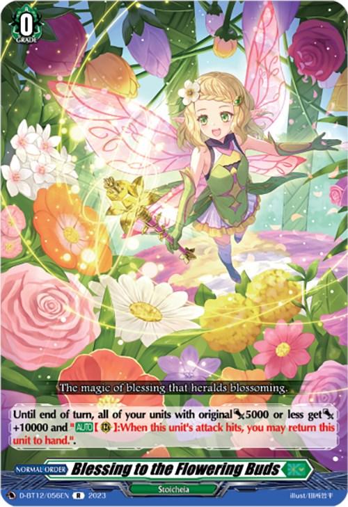 A vibrant fantasy image featuring a young fairy with blonde hair and green wings, hovering amidst a lush array of colorful flowers. The card's text reads: "The magic of blessing that heralds blossoming. Blessing to the Flowering Buds. Until end of turn...". This rare card, Blessing to the Flowering Buds (D-BT12/056EN) [Evenfall Onslaught], belongs to Bushiroad.