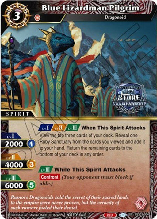 A trading card titled "Blue Lizardman Pilgrim (Championship Pack 2023 Vol. 3) (BSS03-004) [Launch & Event Promos]" by Bandai featuring an image of a blue lizard humanoid with clothing resembling a shaman or mage. Costing 3, it boasts BP 2000/4000/6000 and core requirements. Often seen alongside Event Promos, it includes special abilities and text at the bottom.