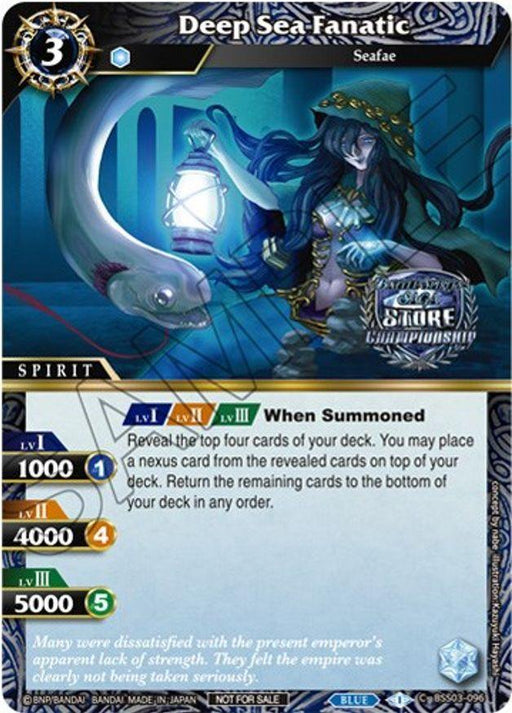 A card titled "Deep Sea Fanatic (Championship Pack 2023 Vol. 3) (BSS03-096) [Launch & Event Promos]" by Bandai with a cost of 3 and a blue background. It features a Seafae Spirit woman with long dark hair, dressed in ocean-themed attire, standing underwater with a large fish by her side. Attributes include BP points at various levels and the special ability to reveal the top four cards of your deck.