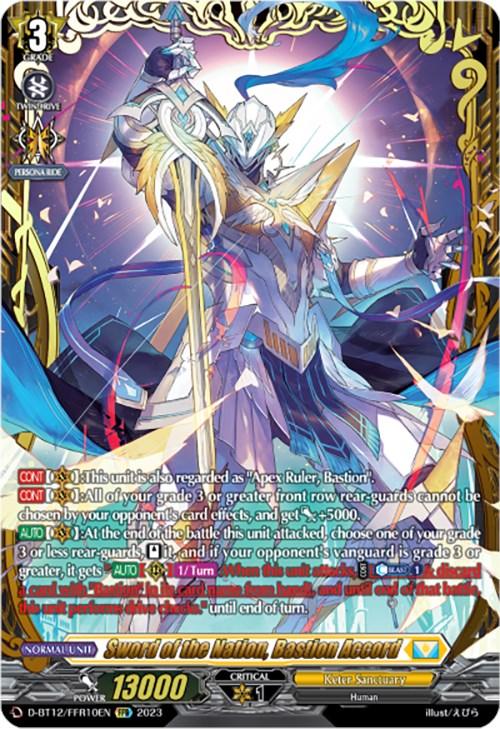 A trading card for the game Cardfight!! Vanguard titled "Sword of the Nation, Bastion Accord (D-BT12/FFR10EN) [Evenfall Onslaught]," classified as Double Frame Rare. It shows an armored knight in the center, wielding a glowing sword. The card has multiple sections of text detailing its abilities and stats, including a power level of 13000.