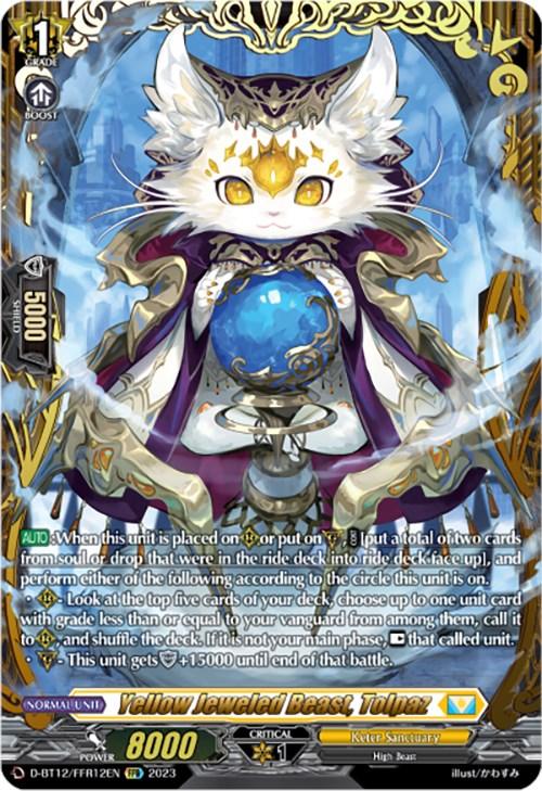 A trading card featuring "Yellow Jeweled Beast, Tolpaz (D-BT12/FFR12EN) [Evenfall Onslaught]," a white anthropomorphic cat adorned with regal golden armor and accessories, holding a blue orb. The Double Frame Rare card from Keter Sanctuary boasts 8000 power and a critical value of 1. Ornate blue and gold borders frame its detailed text describing Evenfall Onslaught abilities.