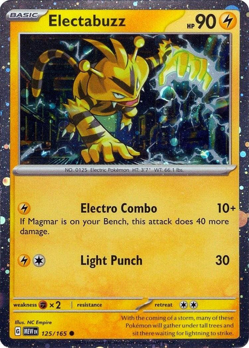 A Pokémon Electabuzz (125/165) (Cosmos Holo) [Miscellaneous Cards] featuring Electabuzz with 90 HP, surrounded by lightning in a storm. It showcases two attacks: "Electro Combo," doing 10+ damage, more if Magmar is on the bench, and "Light Punch" dealing 30 damage. Yellow borders and miscellaneous card details like weakness, resistance, and retreat cost complete the design.
