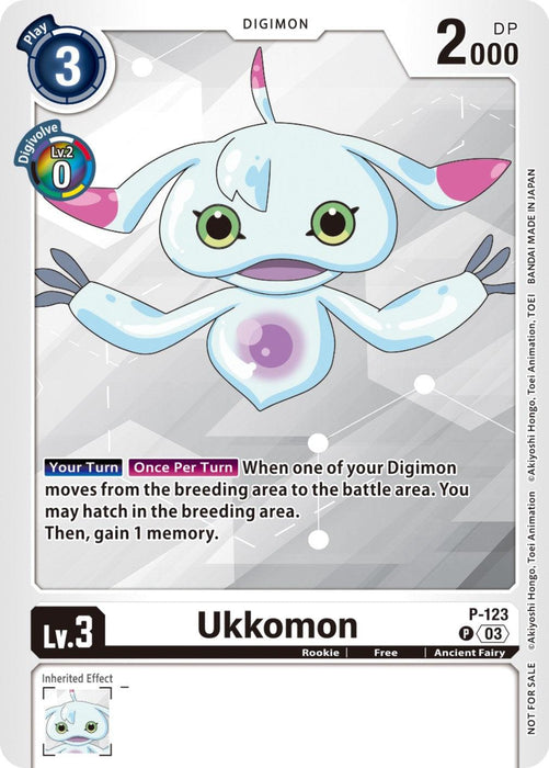 An Ukkomon [P-123] (NYCC 2023 Demo Deck) [Promotional Cards] Digimon card with a 3 play cost, 2000 DP, and 0 Digivolve cost. The card features Ukkomon, a cute, small blue creature with wing-like ears, big green eyes, and a floating tail. This Promo card text indicates an ability that activates once per turn and inherits an effect providing additional memory.
