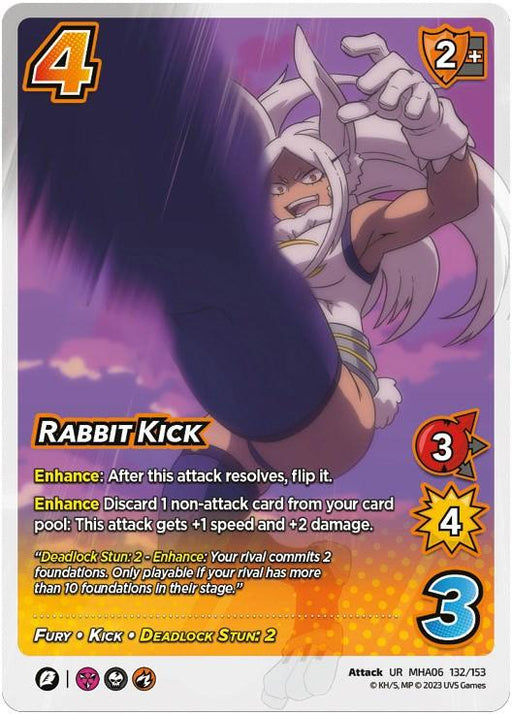 A colorful card from a trading card game shows a fierce-looking anime character performing a powerful kick. The Ultra Rare Rabbit Kick [Jet Burn] card's title is "Rabbit Kick" and it has various game statistics, including an orange "4" Attack value in the top left corner, and a yellow symbol indicating 2+ speed. Text descriptions and additional game symbols occupy the bottom half of the card, explaining the card's special abilities. This card is part of the UniVersus brand collection.