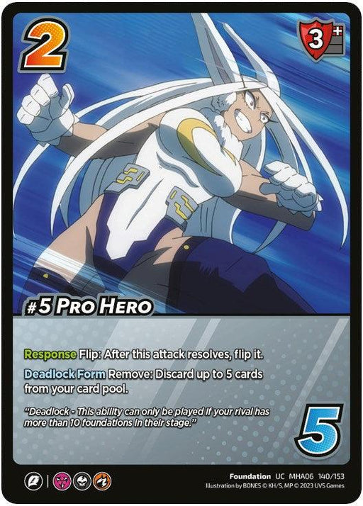 A trading card featuring the character Mirko from My Hero Academia. The card, named "#5 Pro Hero [Jet Burn]," boasts an attack power of 3+ (red shield icon). It details special abilities like "Response Flip" and "Deadlock." Mirko is depicted in a dynamic action pose wearing her superhero costume from the UniVersus brand.
