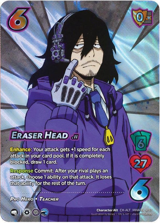 A UniVersus trading card features Pro Hero Eraser Head [Jet Burn], donning a purple outfit with a white and blue scarf, headphones with a microphone, and a serious expression. The card highlights various attributes, including numbers 6 and 4 on the top corners, and numbers 6 and 27 on the sides.