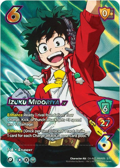 A colorful trading card features a lively illustration of a character with green hair, wearing a green, white, and red suit, and sporting numerous yellow lightning accents. This UniVersus Izuku Midoriya (5/17) [Jet Burn] card displays various stats: six blue hexagons with "6" at the top, a red-orange badge with "27," and the name "Izuku Midoriya" prominently on the left.