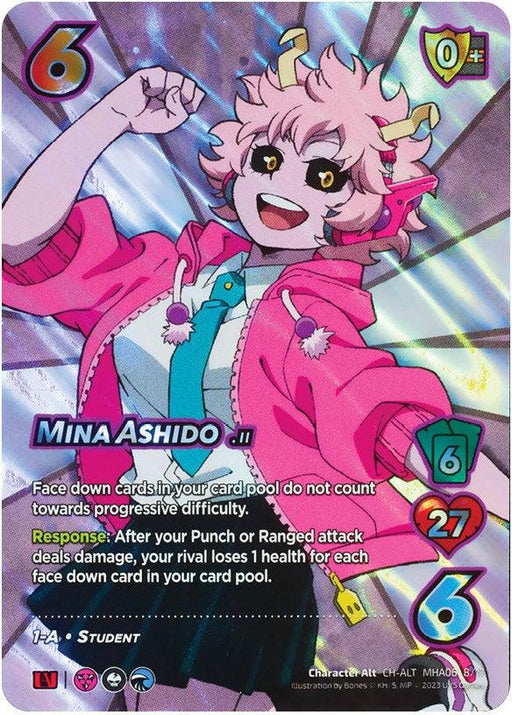 A colorful trading card featuring a character named Mina Ashido. This Character Alternate Art Rare showcases Mina's pink skin, short pink hair, and vibrant outfit with a pink jacket. The card displays various stats: '6' in the top left and bottom right corners, '0’ in the top right corner, '6' and '27' on the right side. Text at the bottom left reads Mina Ashido [Jet Burn] from UniVersus.
