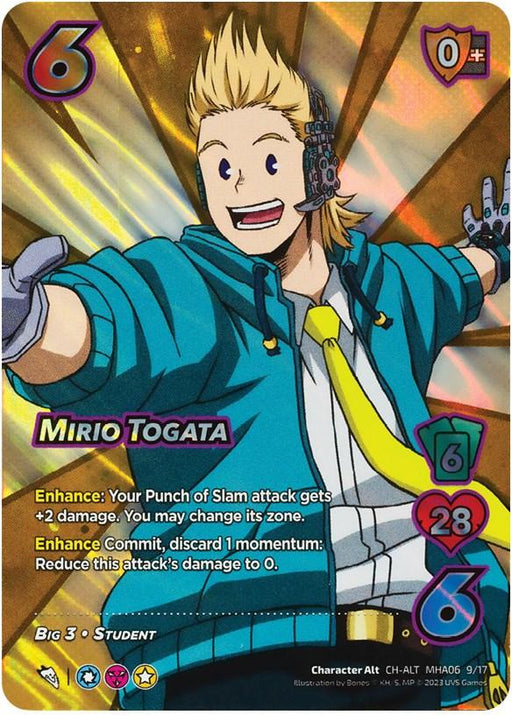 A colorful trading card featuring Mirio Togata [Jet Burn], a spiky blond-haired student in a dynamic pose with a cheerful expression. The radiant background and alternate art rare design highlight stats of 6, icons with values 28 and 6, and text such as "Enhance: Your Punch or Slam attack gets +2 damage." This is part of the UniVersus brand.