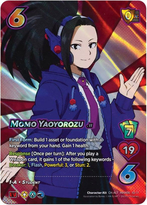 A Momo Yaoyorozu [Jet Burn] digital trading card from UniVersus featuring Momo Yaoyorozu from My Hero Academia. She wears a blue and purple outfit with black hair tied in a large bow. Stats displayed are Health: 19, Speed: 7, and Defense: 6. This Character Alternate Art Rare card includes detailed text about her abilities and traits against a red and yellow background.