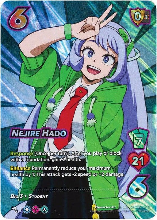 A trading card featuring Nejire Hado from My Hero Academia in her hero costume. As one of the Big 3, she has long purple hair, a green jacket, and a red tie, and she is making a peace sign with her right hand. This Nejire Hado [Jet Burn] card by UniVersus displays stats like 6, 7, 21 alongside detailed text of her skills.