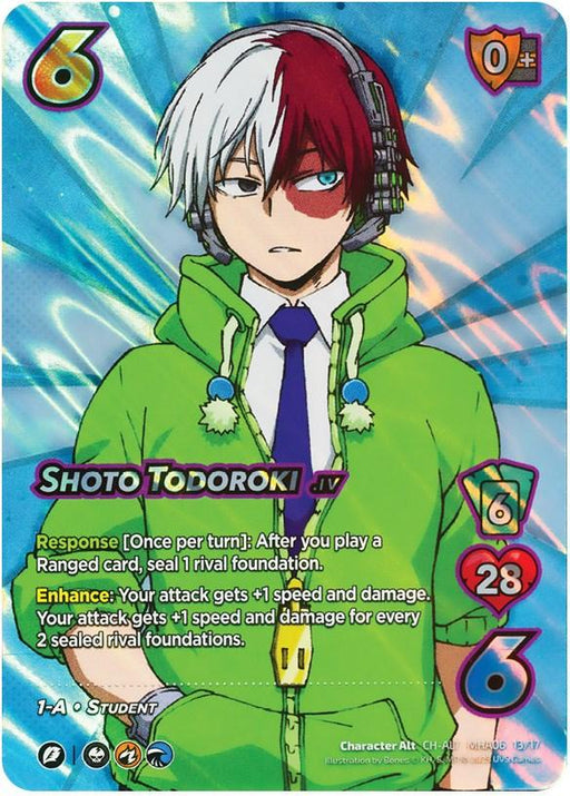 A UniVersus trading card featuring Shoto Todoroki (13/17) [Jet Burn] from My Hero Academia. He wears a green hoodie, school tie, and has heterochromatic hair. The card details show 28 health points, 6 damage, and abilities: Response, Enhance (+1 speed), and Enhance (+1 damage). The card boasts a dynamic, colorful background.