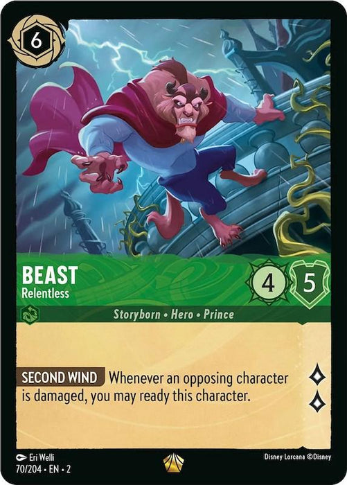 A game card from the Disney "Rise of the Floodborn" series featuring a muscular Beast standing on a ship with a stern expression. The Legendary card has a cost of 6 on the top left. Beast is labeled as "Relentless," with 4 attack and 5 defense. The text reads: "Whenever an opposing character is damaged, you may ready this character." This product is named Beast - Relentless (70/204) [Rise of the Floodborn].