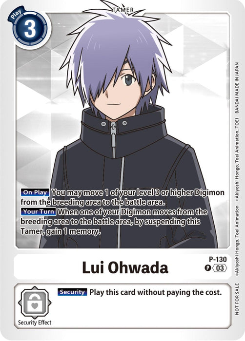 Here is a Digimon promotional card from the NYCC 2023 Demo Deck, featuring Tamer Lui Ohwada [P-130]. This character has short, spiky purple hair and an emotionless expression, wearing a black, high-collared jacket. The card outlines his abilities and effects in play, such as moving Digimon and gaining memory, with a "Security Effect" noted at the bottom.