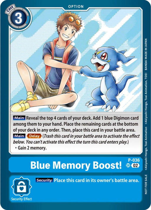 The Blue Memory Boost! [P-036] card from the Digimon NYCC 2023 Demo Deck promotional series features a human in a red outfit and a blue creature with a horn and white fur. With a cost of 3, it provides options to gain 2 memory, add cards, and has a security effect that places the card in its owner's battle area.