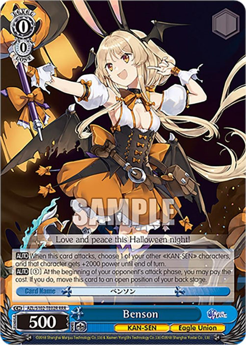 A Triple Rare card featuring the KAN-SEN Benson from Azur Lane, depicted in a Halloween-themed outfit with bunny ears. She is smiling, holding a pumpkin staff, and has a small bat-like creature on her shoulder. Her clothing includes a black and orange dress with blue accents. The card includes game stats and abilities. The product name is Benson (AZL/S102-TE02R RRR) [Azur Lane] from Bushiroad.