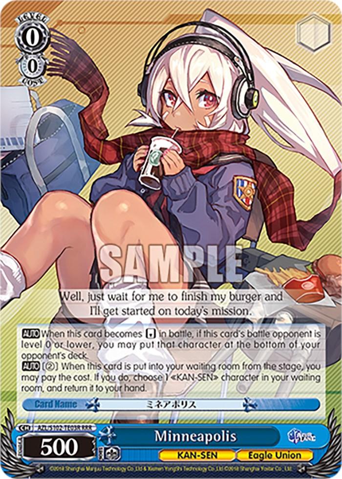 A Minneapolis (AZL/S102-TE03R RRR) [Azur Lane] trading card from Bushiroad featuring anime-style artwork of a white-haired female character in a school uniform, holding a burger and a drink, with a plaid jacket draped over her shoulders. Text and game stats are displayed at the bottom, with 