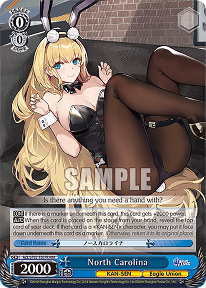 Introducing the North Carolina (AZL/S102-TE07R RRR) trading card by Bushiroad. This Triple Rare card showcases an anime-style KAN-SEN character from Azur Lane with long blonde hair, black bunny ears, a strapless black leotard, sheer black stockings, and black heels. The character is depicted lying on her side on a chair, gazing forward with various text and stats elegantly displayed around her image.