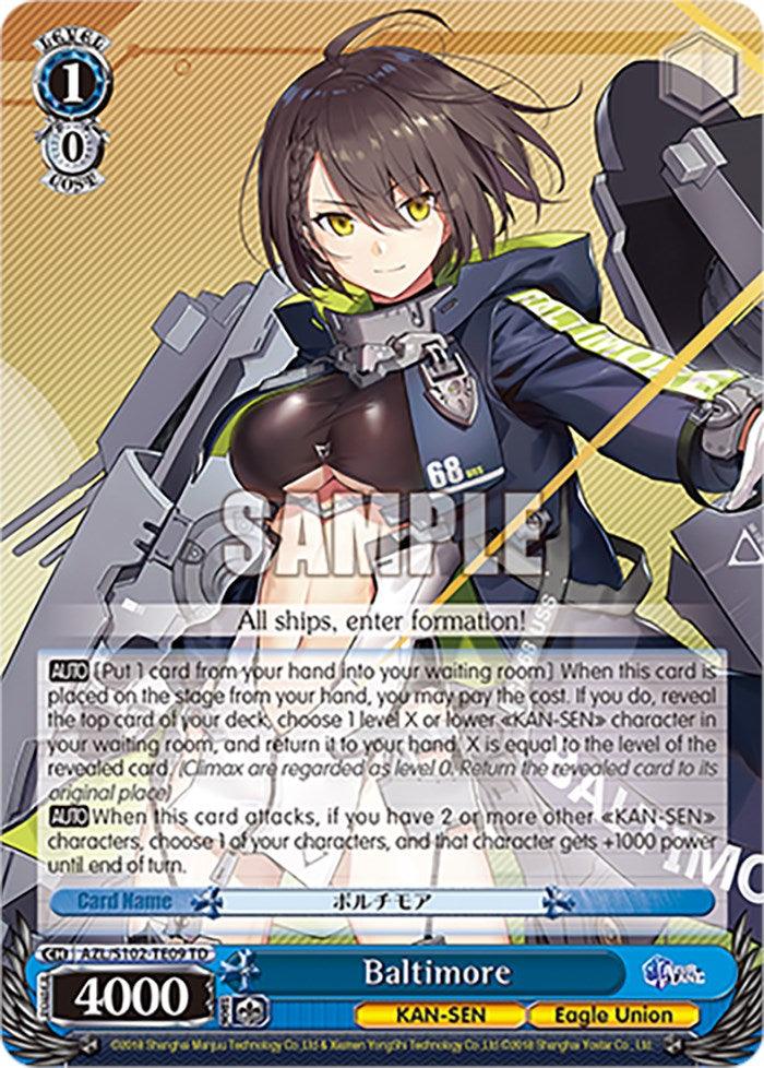 The Baltimore (AZL/S102-TE09 TD) [Azur Lane] character card from Bushiroad’s trial deck showcases Baltimore, an anime-style female character with short dark hair, wearing a revealing black outfit and mechanized armor. In an action pose, she wields a gun and extends her arm against a blue and gray background that accentuates her attributes and abilities.