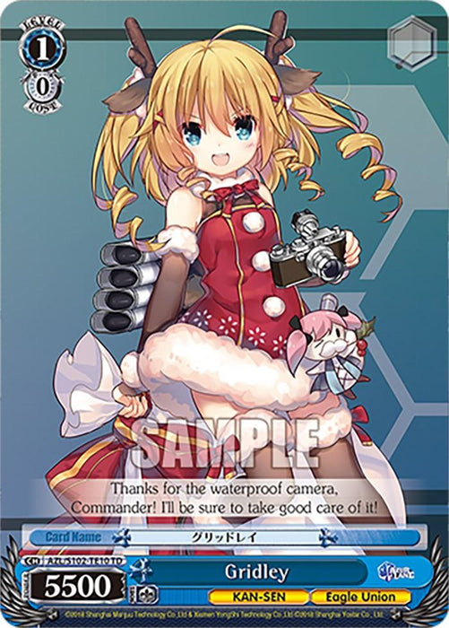 A Triple Rare trading card featuring an anime-style character named Gridley from the Azur Lane's Eagle Union faction. She has blonde hair, wears a Santa outfit with reindeer antlers, and holds a camera. The card shows level 1, cost 0, and power 5500 stats. Text reads, "Thanks for the waterproof camera, Commander! I'll be sure to take good care." **Gridley (AZL/S102-TE10R RRR) [Azur Lane]** by **Bushiroad**.
