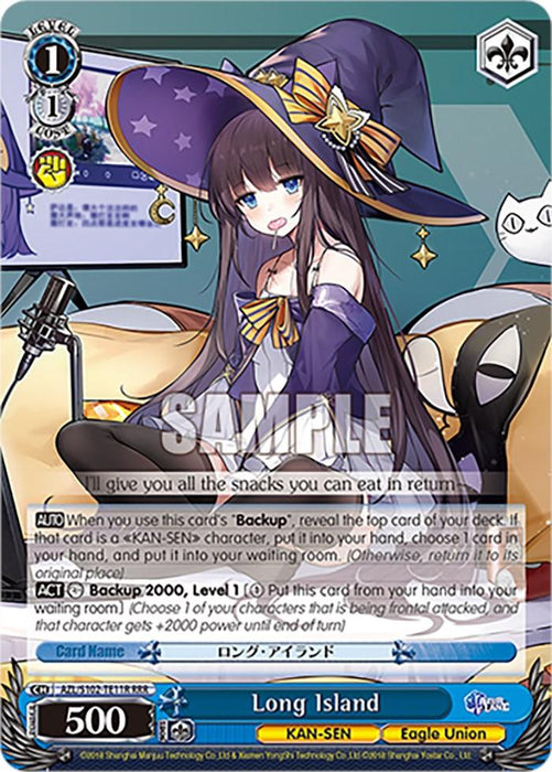 A Yu-Gi-Oh! card titled "Long Island (AZL/S102-TE11R RRR) [Azur Lane]" featuring a witch-themed female character from the Eagle Union faction. The character has long purple hair, a witch hat, and a magic wand. This Triple Rare Character Card boasts 500 power and includes various abilities with text in both English and Japanese, inspired by Azur Lane. The card is from the Bushiroad brand.