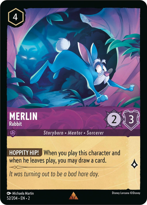 A card from Disney Lorcana: Rise of the Floodborn featuring Merlin in rabbit form. Merlin leaps through a wooded area with a surprised expression. The card includes game stats: cost 4, strength 2, and willpower 3. Text reads "Hoppity Hip!" and abilities to draw a card when played or leaves play.

Merlin - Rabbit (52/204) [Rise of the Floodborn] by Disney