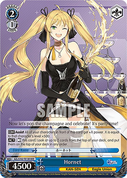 A Bushiroad Hornet (AZL/S102-TE13R RRR) [Azur Lane] trading card featuring Hornet from Azur Lane, an anime-style character with long blonde pigtails holding a bottle of champagne. Dressed in a black outfit with blue and white accents, she's winking and smiling cheerfully. This Eagle Union card showcases her various stats and abilities.