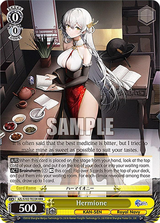 A trading card featuring an anime-style character named Hermione from the "KAN-SEN Royal Navy" set. This Triple Rare Azur Lane character has white hair, wears a black and red dress, and is surrounded by a dining room setting with food and tea. The card showcases detailed game stats and abilities. The product name is Hermione (AZL/S102-TE22R RRR) [Azur Lane], by Bushiroad.
