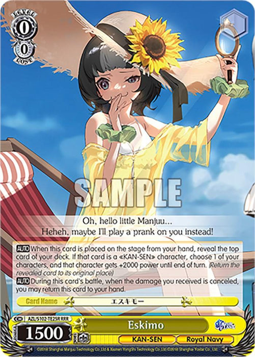 The image shows an Eskimo (AZL/S102-TE25R RRR) [Azur Lane] card from a collectible card game by Bushiroad featuring an anime-styled character named Eskimo, reminiscent of Azur Lane's KAN-SEN. She has dark hair, wears an off-shoulder yellow top, a sunflower on her head, and rabbit ears. She holds a glass bottle with a ship. The card has a yellow border and several text boxes with game rules.
