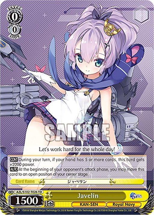 A card from the game "Azur Lane" featuring Javelin (AZL/S102-TE26 TD) [Azur Lane], a character with lavender hair and blue eyes, wearing a sailor-themed outfit with a crown. She sits on machinery, holding a spear-like weapon. The character card includes game stats, effects, and attributes, with "SAMPLE" over the image—ideal for any trial deck by Bushiroad.