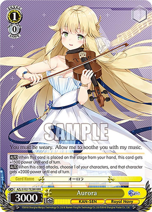 A blonde anime girl with long hair plays a violin at the center of the image. She wears a white strapless dress with blue accents. The card text at the bottom mentions a power boost. The card name, "Aurora (AZL/S102-TE28R RRR)" and affiliation, "Royal Navy," from Azur Lane are displayed. The background is pastel yellow. This product is offered by Bushiroad.