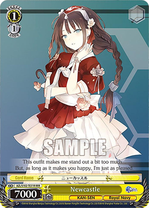 A trading card features an anime-style character from Azur Lane. She has long brown hair with flowers tied in her hair and wears a red and white Royal Navy outfit with a large bow. The card includes text in both English and Japanese, and a large "SAMPLE" watermark covers the middle of the card. This specific card is the Newcastle (AZL/S102-TE31R RRR) [Azur Lane] by Bushiroad.