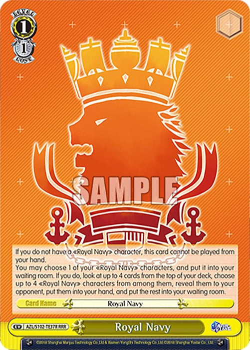 A Royal Navy (AZL/S102-TE37R RRR) [Azur Lane] trading card by Bushiroad featuring a silhouette of a lion with a crown against a red and yellow gradient background. In each corner, there are small anchor icons. Text at the bottom details the card's effects and special abilities. The label at the very bottom reads "Azur Lane: Royal Navy." The card has a "SAMPLE" watermark.