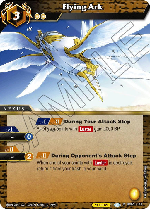 A "Flying Ark (BSS01-115) [Dawn of History]" card from Bandai. The card, part of the Dawn of History set, features an elaborate design of a large golden flying ark with white wings, soaring against a cloudy sky. It includes level indicators, effects, and points in detailed text along with various game-related stats and symbols.