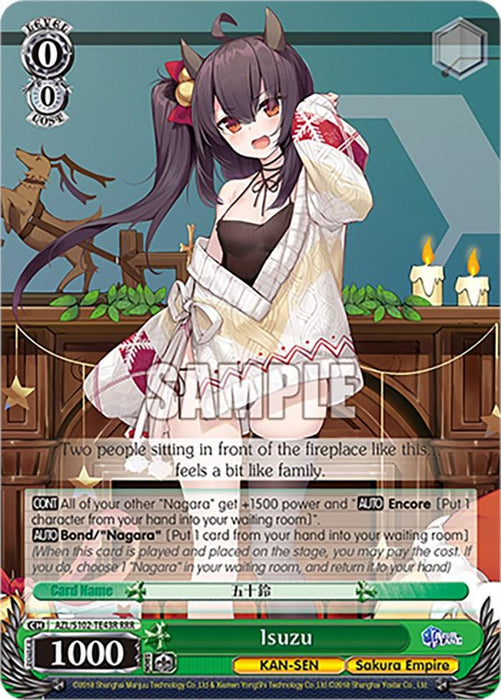 A **Isuzu (AZL/S102-TE43R RRR) [Azur Lane]** trading card features an anime girl with long dark hair, red eyes, and horn-like accessories. She's wearing a white off-shoulder sweater with a festive design. She stands in front of a fireplace with stockings. Text and game icons are visible, including “KAN-SEN” and “Sakura Empire” labels at the bottom.
