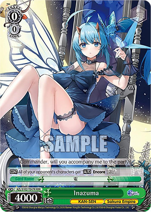 A Bushiroad Triple Rare Card featuring an illustrated anime-style character with blue hair, fox-like ears, and a blue butterfly-themed outfit. She is seated on a throne-like chair against a starry night sky. The card text reads "Commander, will you accompany me to the party?" Her name is Inazuma (AZL/S102-TE47R RRR) [Azur Lane] from Azur Lane.