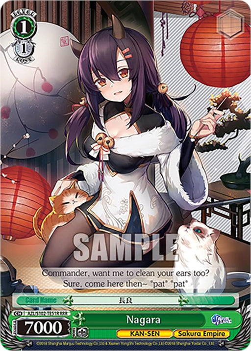 A Nagara (AZL/S102-TE51R RRR) [Azur Lane] trading card from Bushiroad features an anime-style KAN-SEN character, Nagara, with purple hair and animal ears, wearing a revealing kimono. She is holding a furry object and is accompanied by two cats. The background includes traditional Japanese lanterns. Text reads "Commander, want me to clean your ears too?