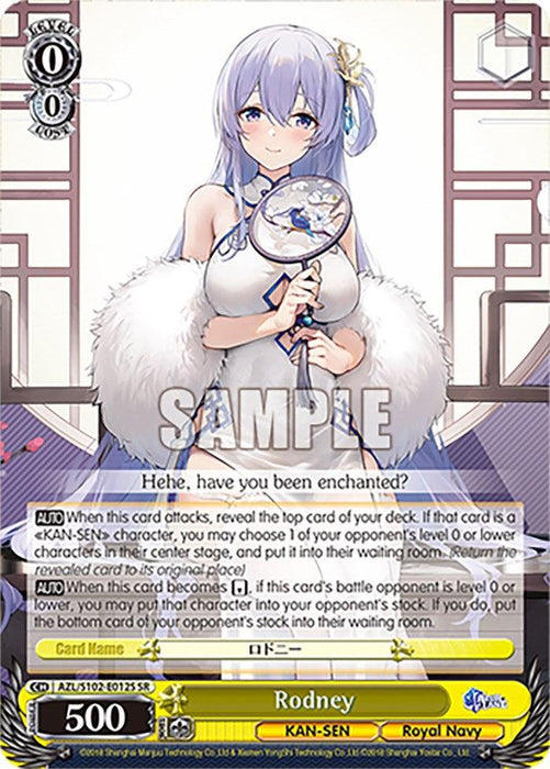 A collectible card from Bushiroad features Rodney (AZL/S102-E012S SR) [Azur Lane] with lavender hair and a white fur shawl, standing against a geometric background. The text near her head reads, "Hehe, have you been enchanted?" The bottom section includes the Super Rare character's name, stats, and game instructions.
