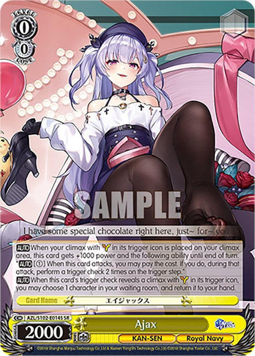 A super rare character card features Ajax (AZL/S102-E014S SR) [Azur Lane] from Bushiroad. Ajax has long lavender hair, red eyes, and is dressed in a black and white outfit with thigh-high stockings. The card displays stats and abilities, a 2000 power level, and belongs to the KAN-SEN Royal Navy group.