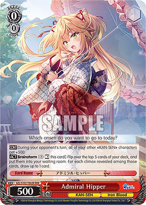 A trading card featuring an anime-style character, Admiral Hipper (AZL/S102-TE62R RRR) [Azur Lane], a blonde woman in an ornate outfit standing under a pink parasol. She is part of the KAN-SEN Iron Blood series from Azur Lane, with a power rating of 500 and special abilities detailed in the text. This Triple Rare Character Card from Bushiroad has a colorful sky background.