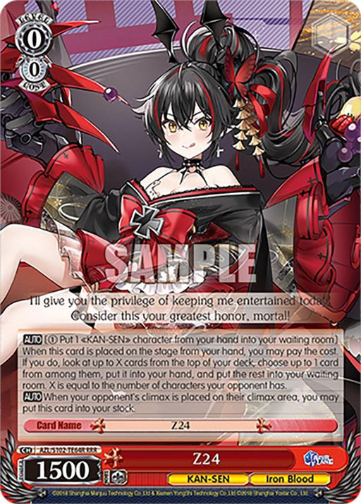 A Z24 (AZL/S102-TE64R RRR) [Azur Lane] fantasy trading card from Bushiroad featuring an anime-style female character with black hair, red eyes, and black and red clothing adorned with spikes and a red cross. Surrounded by a decorative red robotic structure, the card displays stats and abilities at the bottom, with the name "KAN-SEN - Iron Blood" from Azur Lane.
