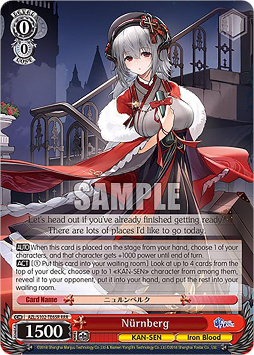 A Trading card featuring an anime-style KAN-SEN character from Azur Lane with long silver hair adorned with red ribbon accessories. She wears a black and white outfit with red accents and a steel-colored headdress. The Triple Rare card has **"Nurnberg (AZL/S102-TE65R RRR) [Azur Lane]"** at the bottom, along with stats, abilities, and descriptive text in a red-bordered layout by **Bushiroad**.